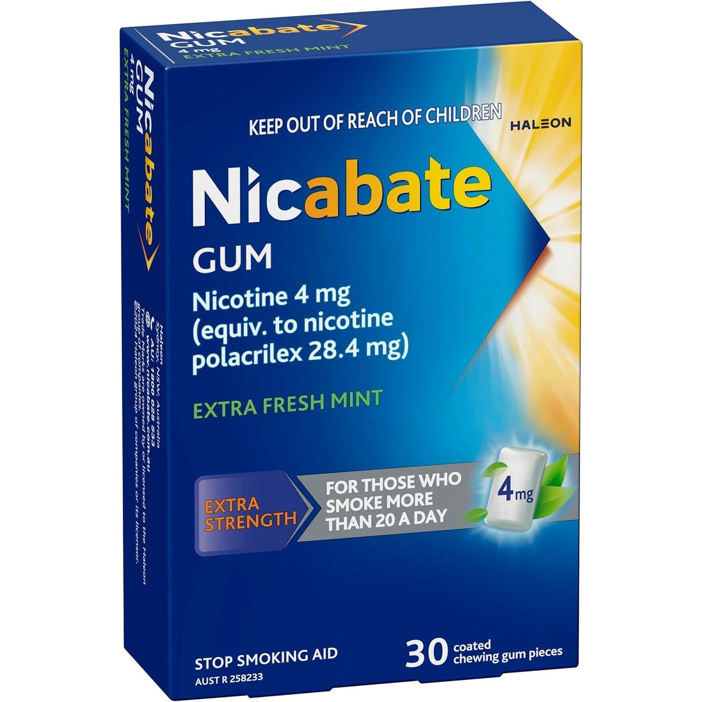 Nicabate Extra Fresh Mint Gum Quit Smoking 4mg 30 Pack