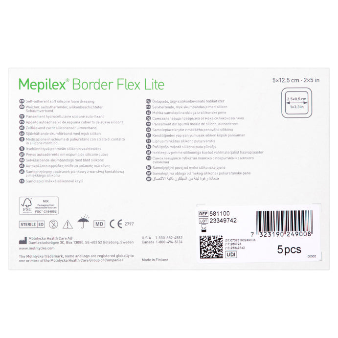 Molnlycke Mepilex Border Flex Lite 5cm X 12.5cm Dressings 5 Pack