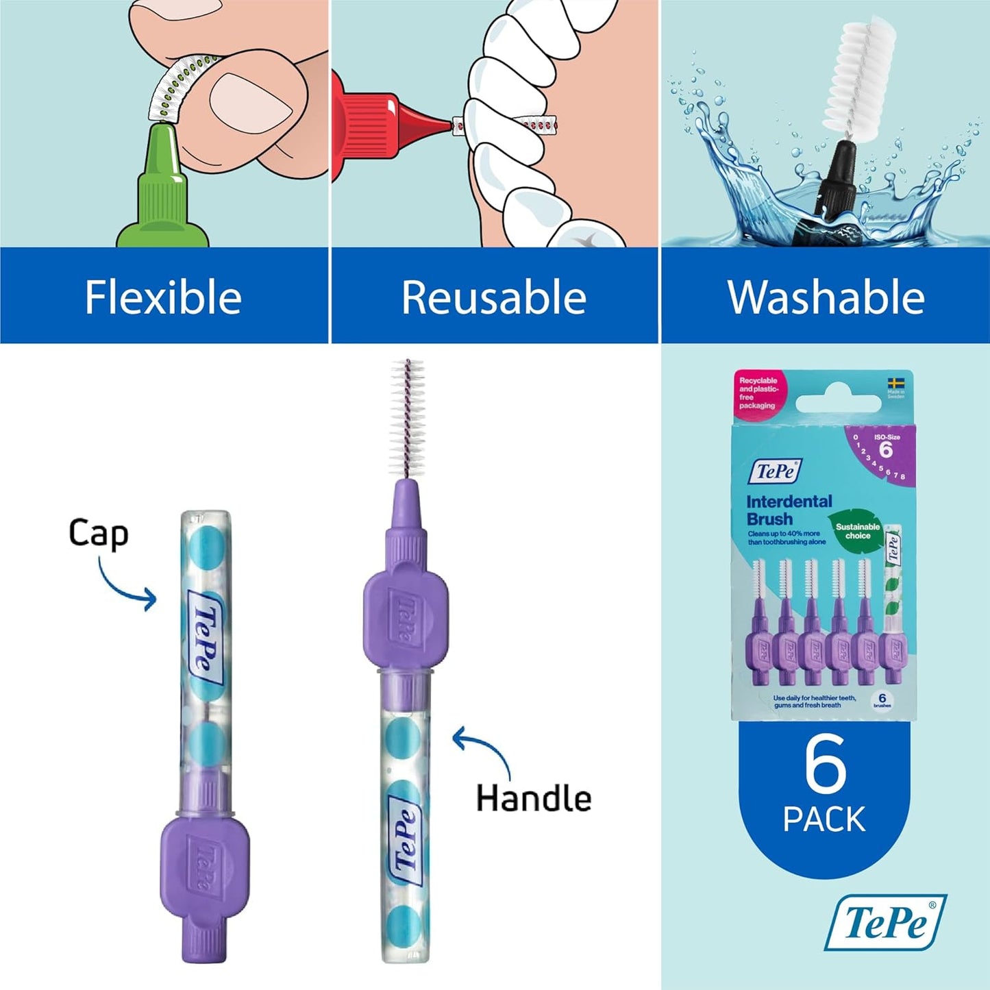 TePe Interdental Brush - Large Purple (1.1mm)  Size 6 6Pack