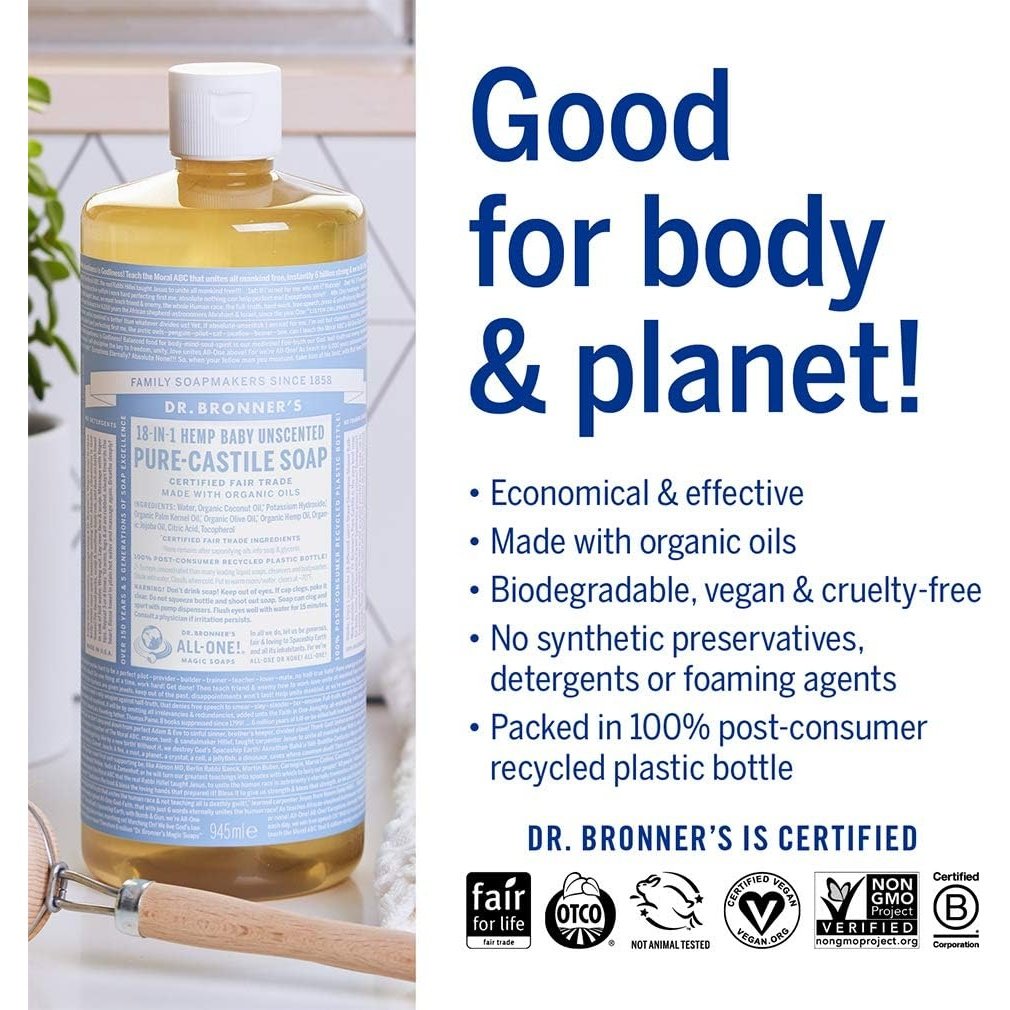 Dr. Bronner's Pure-Castile Soap Liquid (Hemp 18-in-1) Unscented (Baby) 946ml