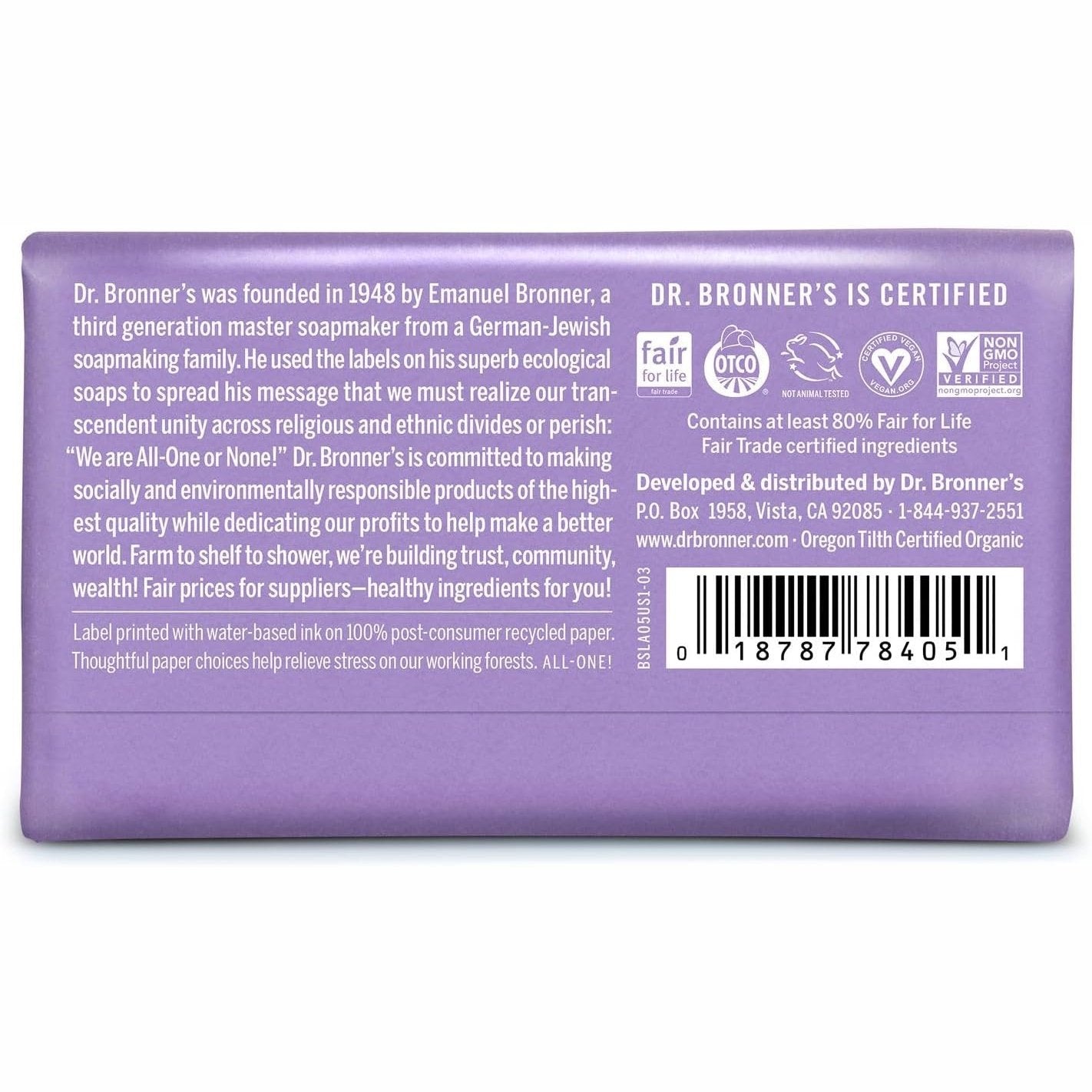 Dr. Bronner's Pure-Castile Bar Soap (Hemp All-One) Lavender 140g