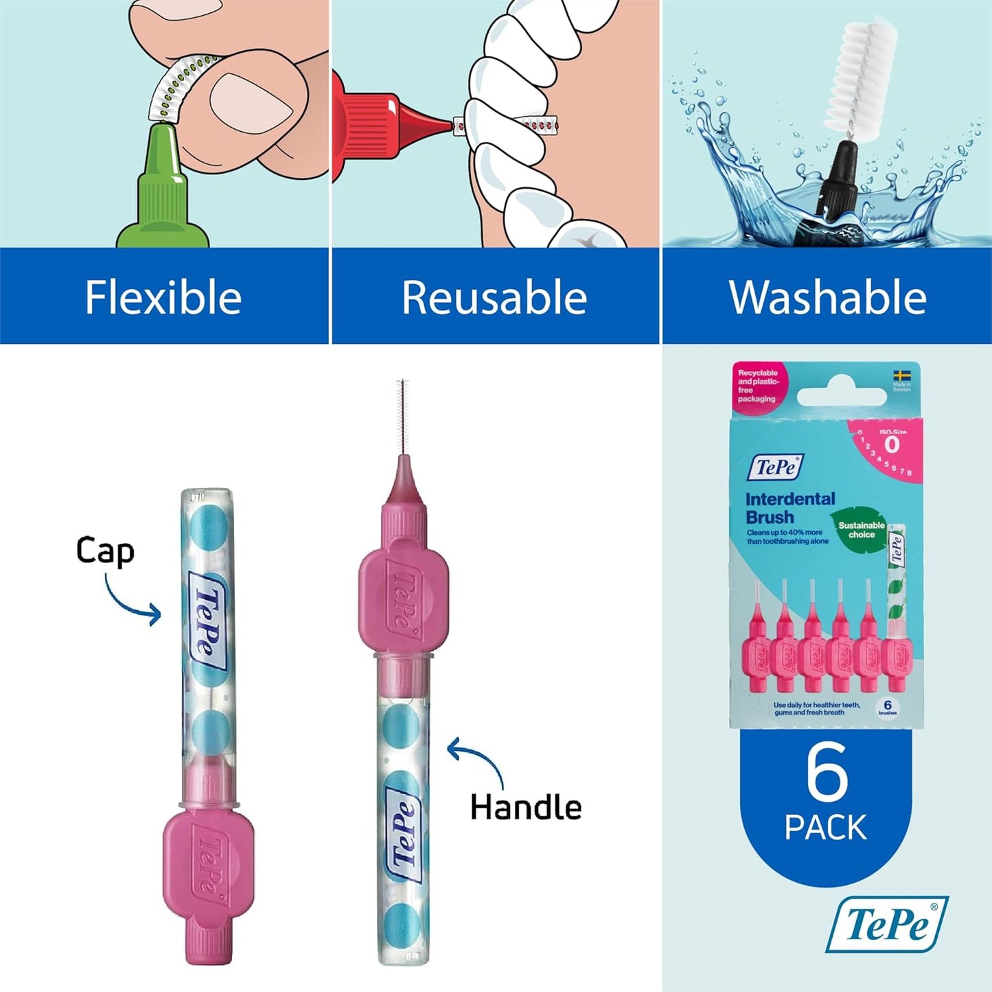 Tepe Interdental Brush 0.4mm Size 0 Pink 6 Pack