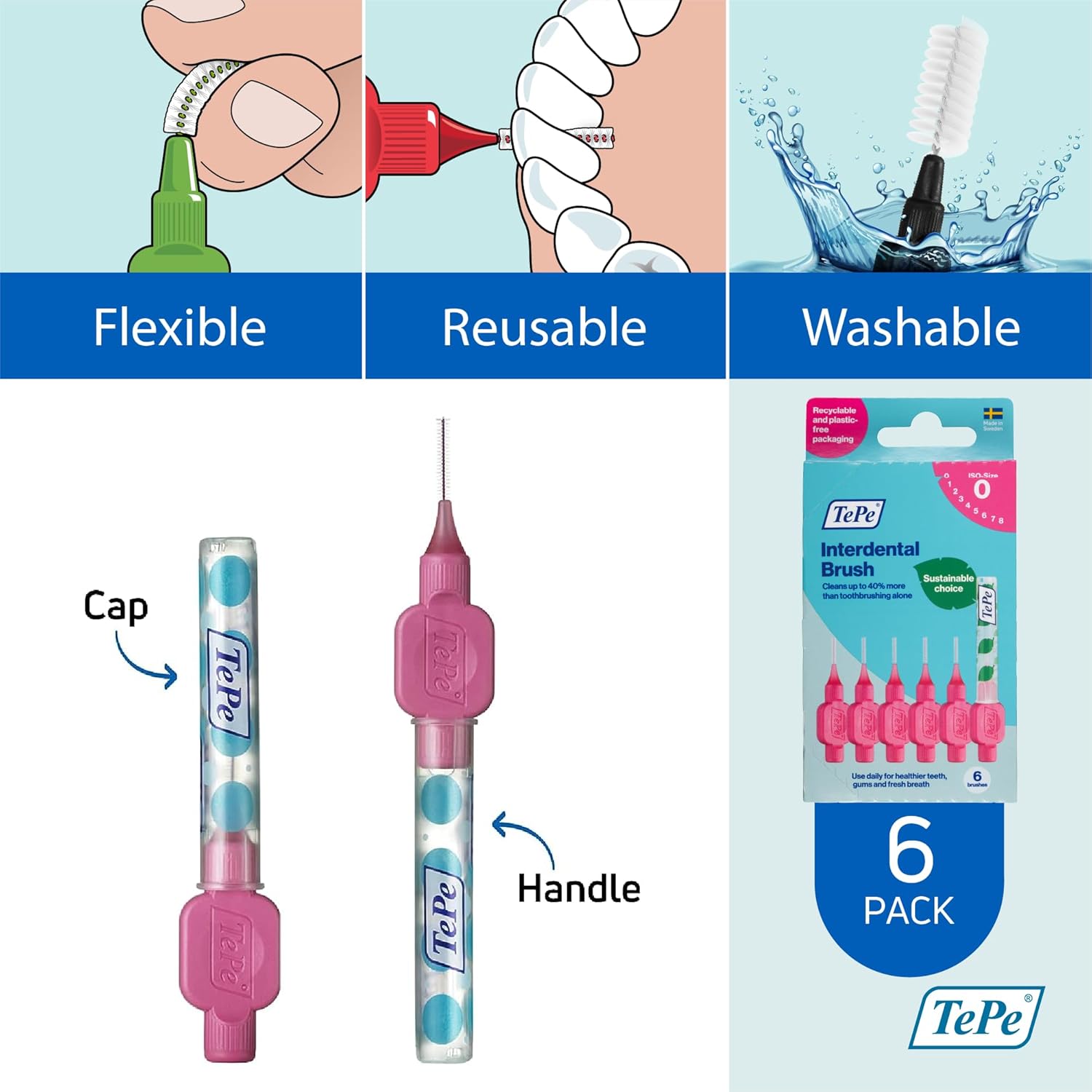 Tepe Interdental Brush 0.4mm Size 0 Pink 6 Pack