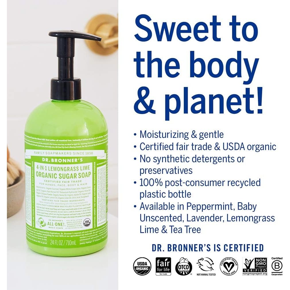 Dr. Bronner's Organic Sugar Soap 4-in-1 Lemongrass Lime (pump) 710ml