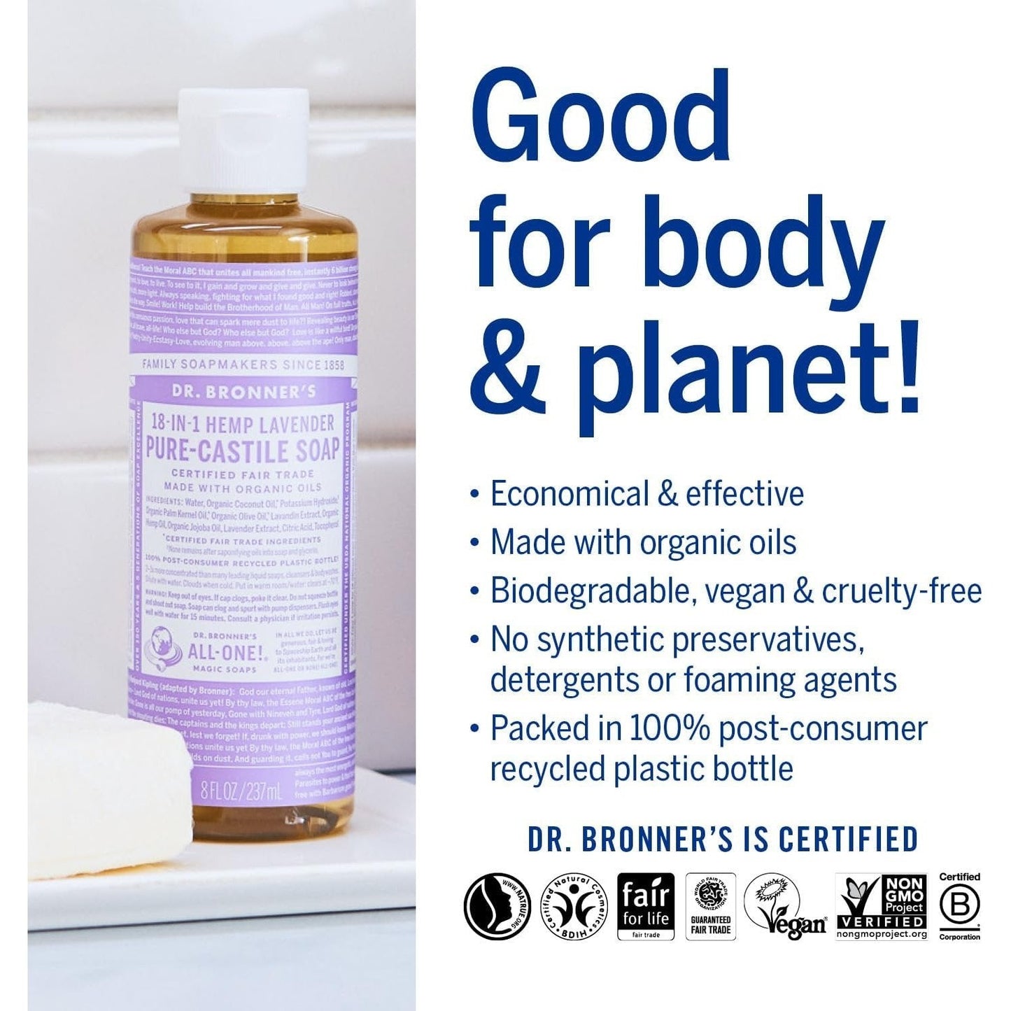 Dr. Bronner's Pure-Castile Soap Liquid (Hemp 18-in-1) Lavender 237ml