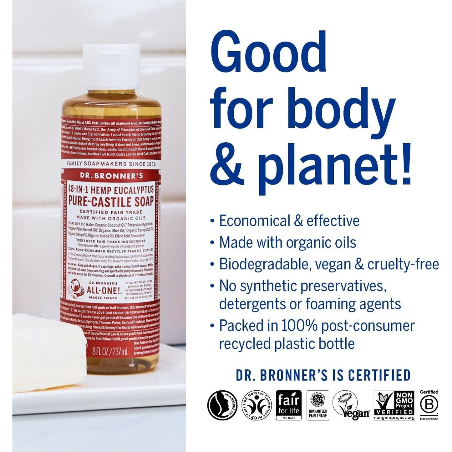 Dr. Bronner's Pure-Castile Soap Liquid (Hemp 18-in-1) Eucalyptus 237ml