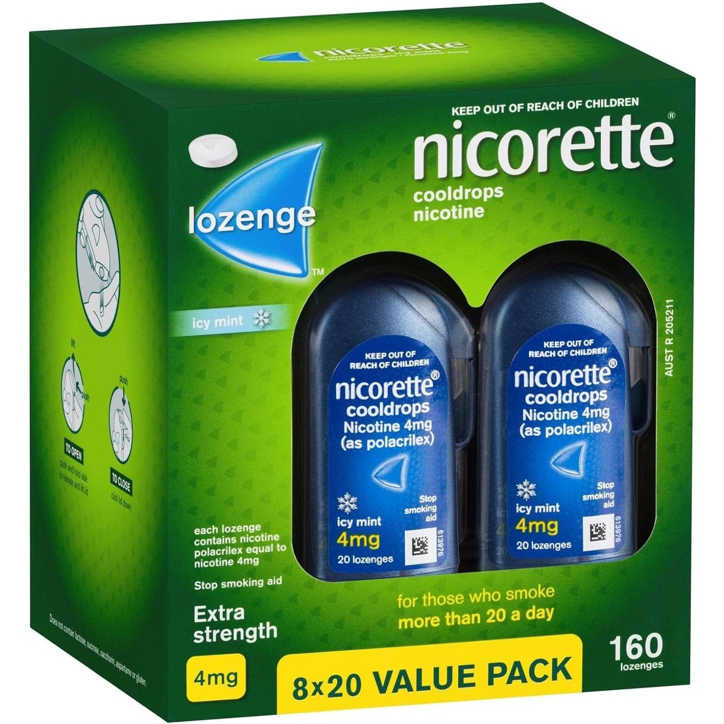 Nicorette Quit Smoking Extra Strength Cooldrops Nicotine Lozenge Icy Mint 8 x 20 Pack