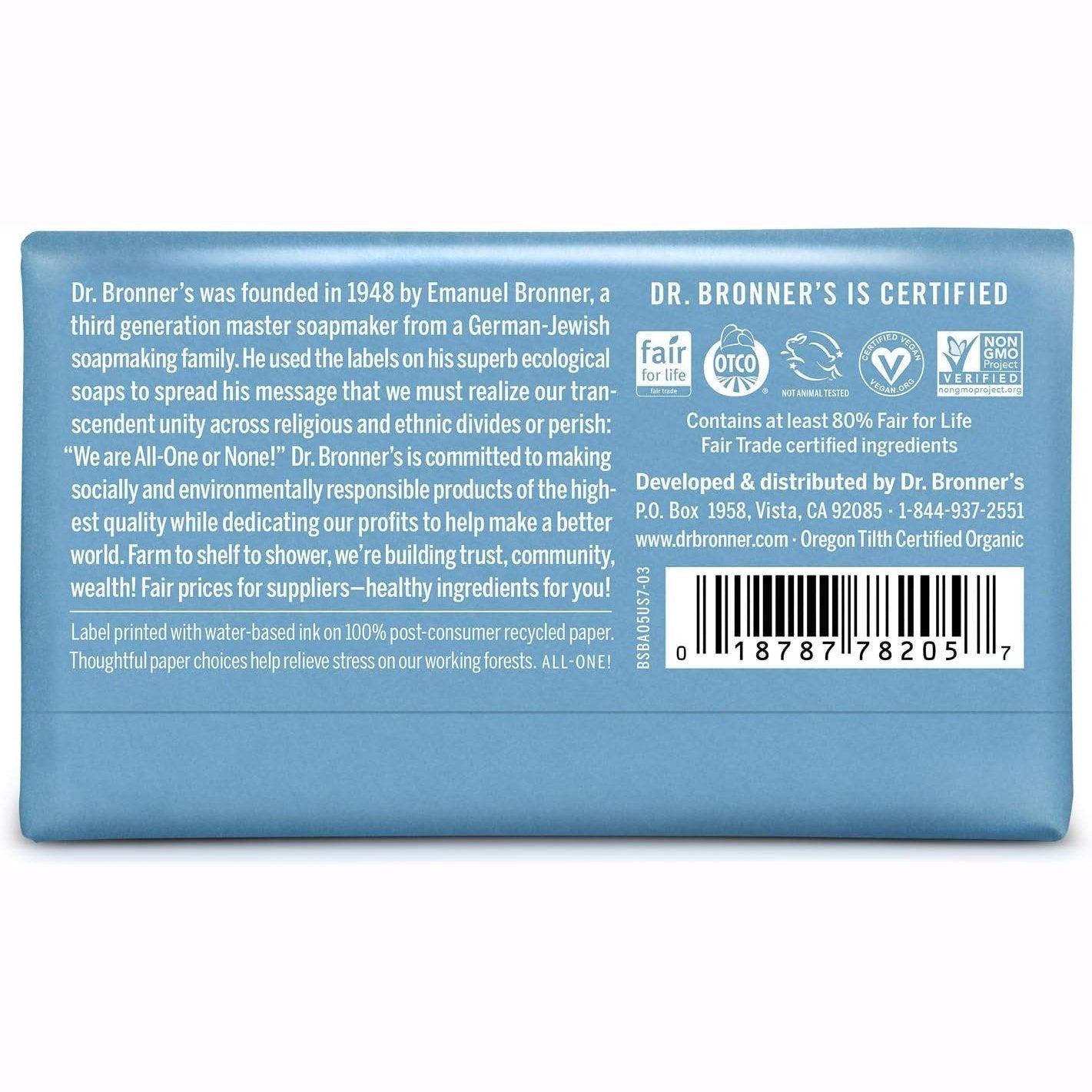 Dr. Bronner's Pure-Castile Bar Soap (Hemp All-One) Unscented (Baby) 140g