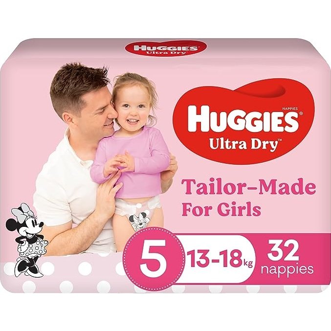 Huggies Ultra Dry Nappies Size 5 Girl 13-18kg Bulk 32 Pack