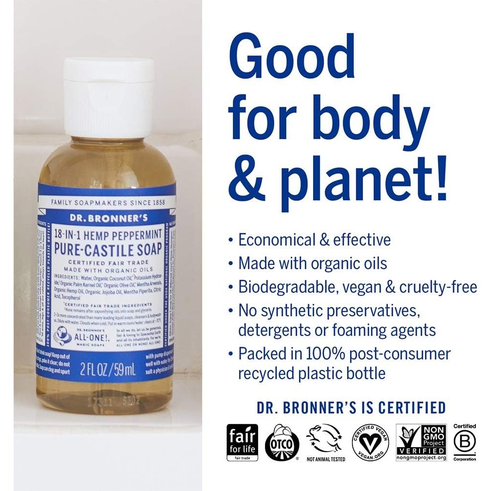 Dr. Bronner's Pure-Castile Soap Liquid (Hemp 18-in-1) Peppermint 59ml