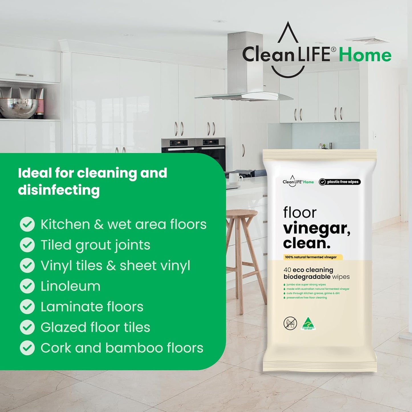 CleanLIFE Vinegar Clean Floor Plastic Free Wipes 40pk