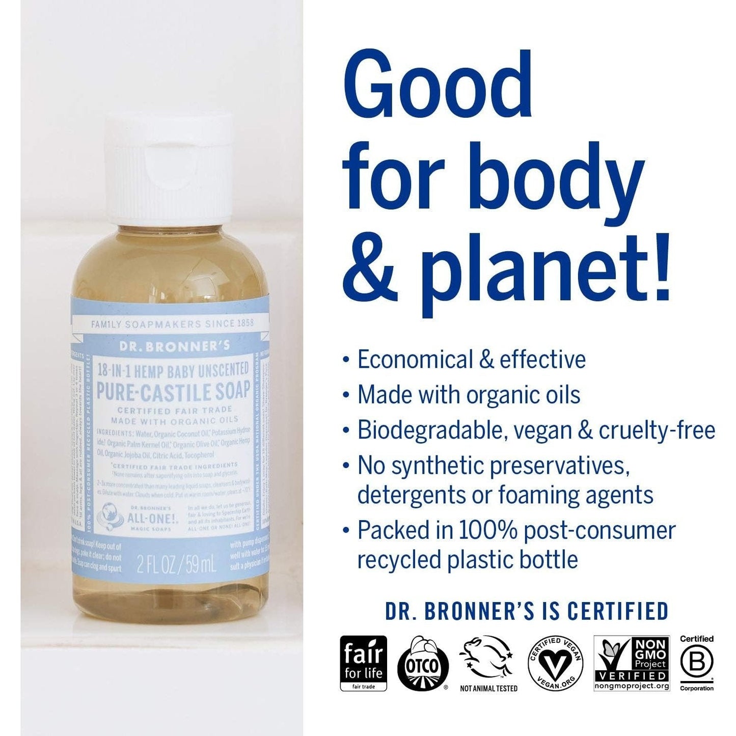 Dr. Bronner's Pure-Castile Soap Liquid (Hemp 18-in-1) Unscented (Baby) 59ml