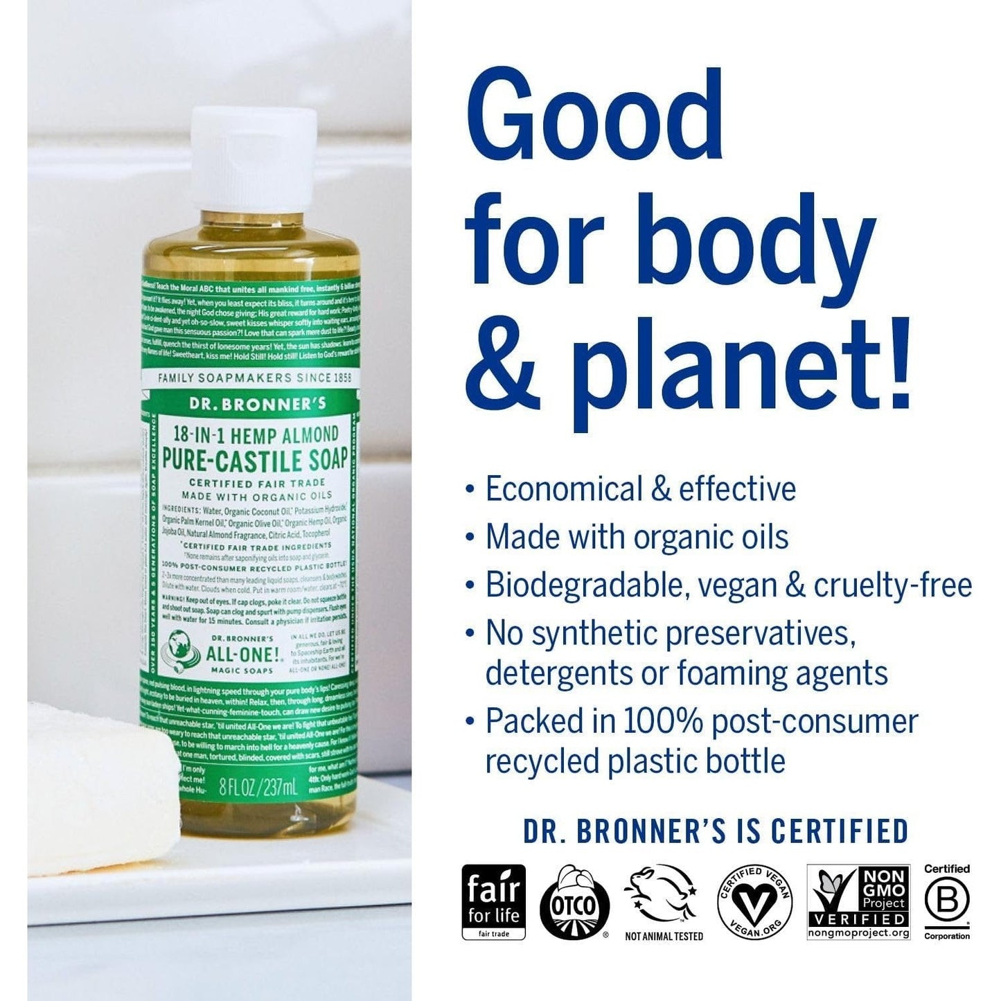 Dr. Bronner's Pure-Castile Soap Liquid (Hemp 18-in-1) Almond 237ml
