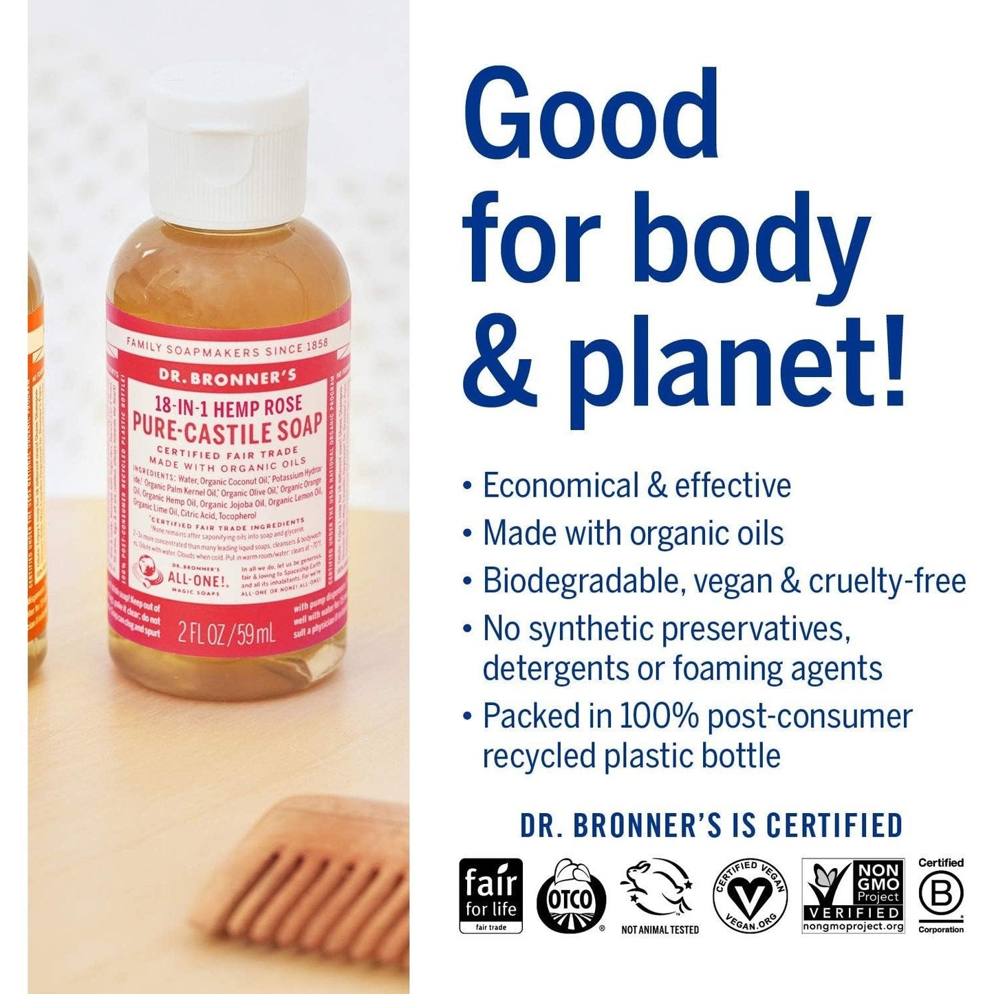 Dr. Bronner's Pure-Castile Soap Liquid (Hemp 18-in-1) Rose 59ml