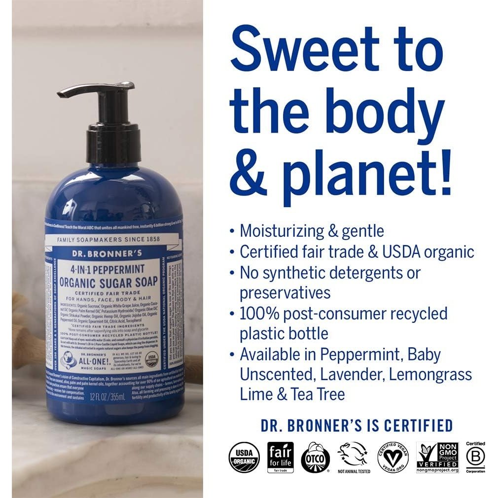 Dr. Bronner's Organic Sugar Soap 4-in-1 Peppermint (pump) 355ml