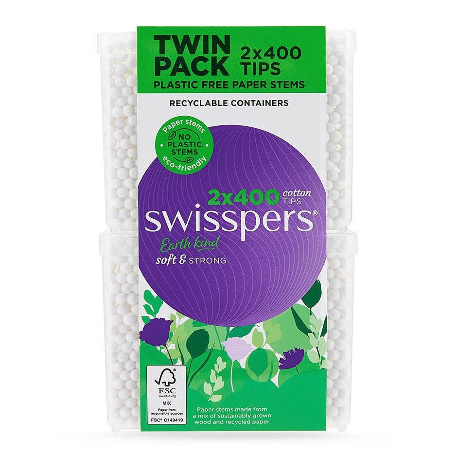 Swisspers Earth Kind Cotton Tips With Paper Stems Twin Pack 2x400 Pack