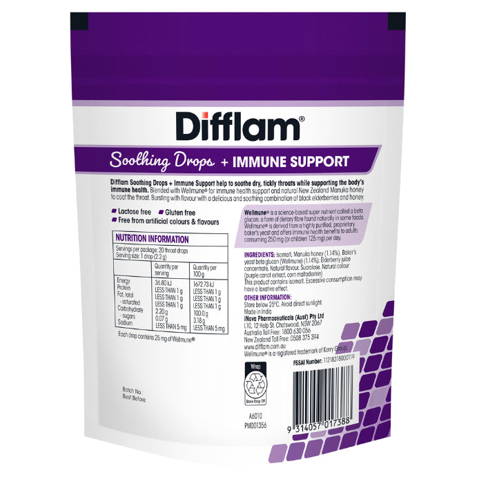 Difflam Soothing Throat Drops + Immune Support Black Elderberry flavour 20 Drops
