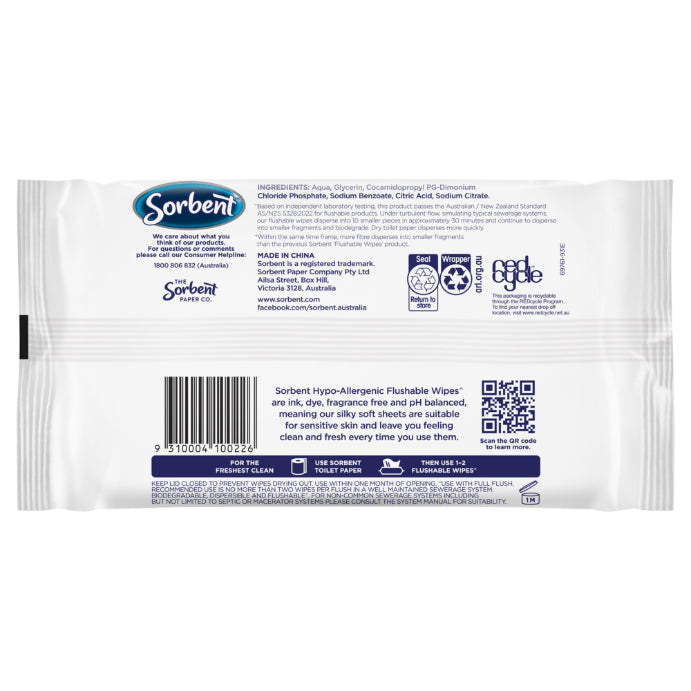 Sorbent Hypo-allergenic Flushable Wipes 40 Pack