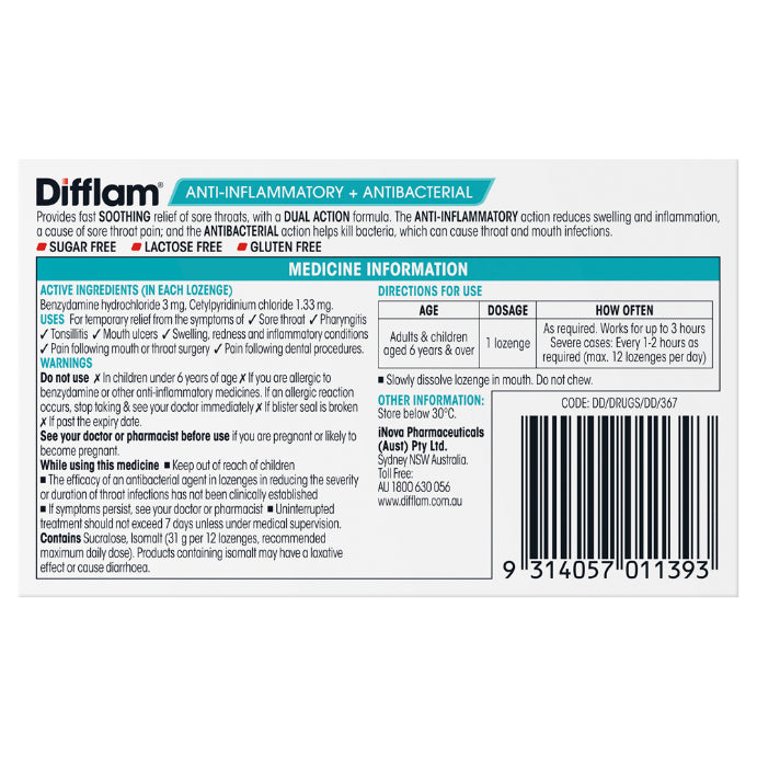 Difflam Sore Throat Lozenges Raspberry Flavour 16 Lozenges