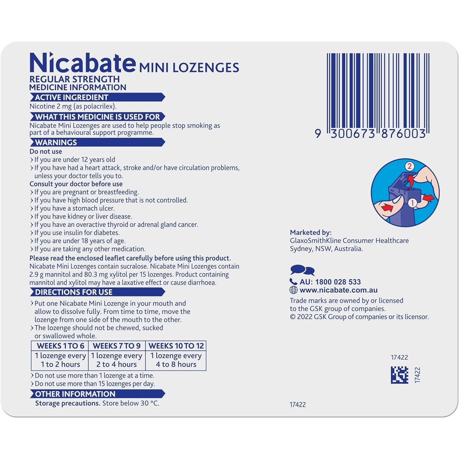 Nicabate Mini Lozenges Nicotine 2mg Regular Strength Mint 60 Lozenges
