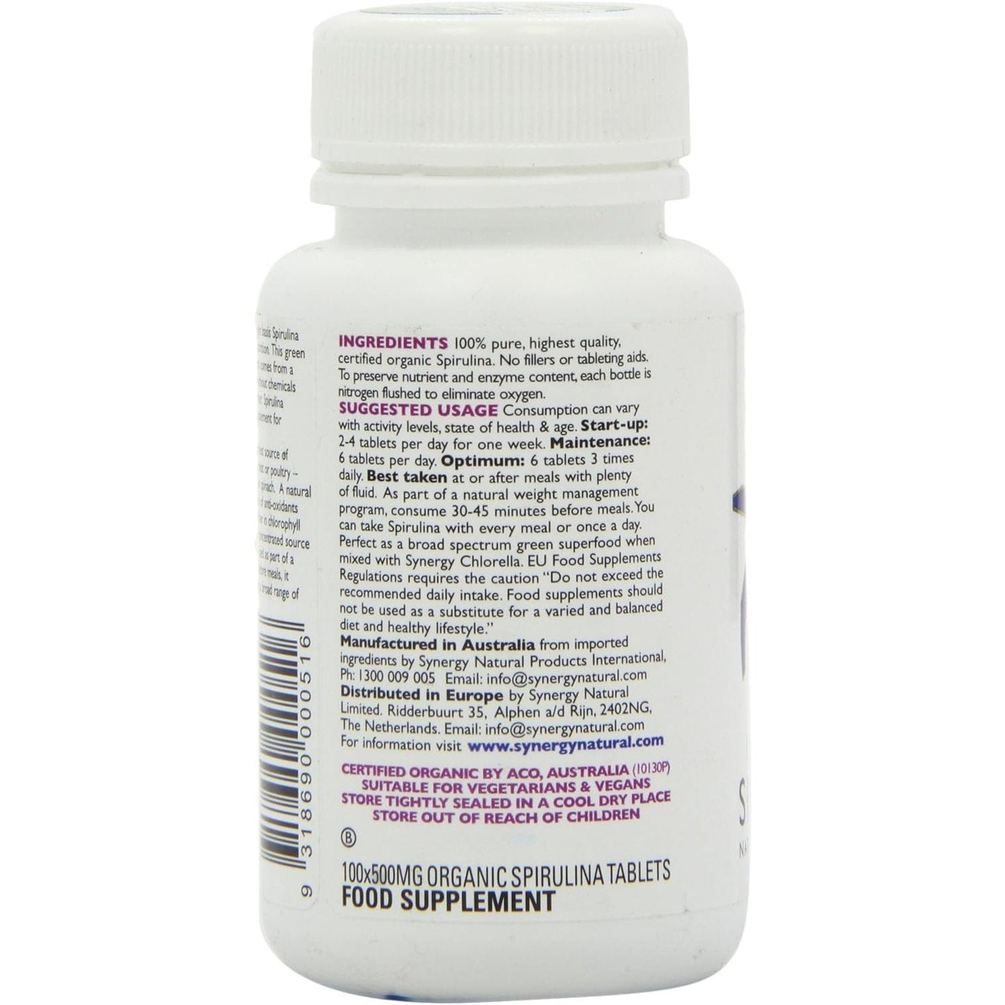 Synergy Natural Organic Spirulina 500mg 100t