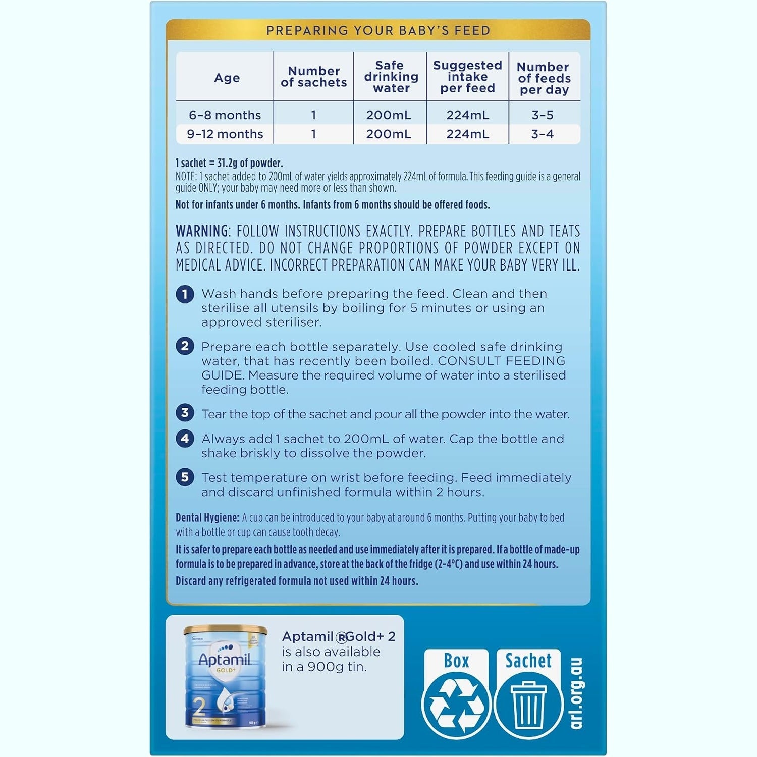 Aptamil Gold+ 2 Baby Follow-on Formula Powder Sachets From 6-12 Months 4 Pack 30.8g