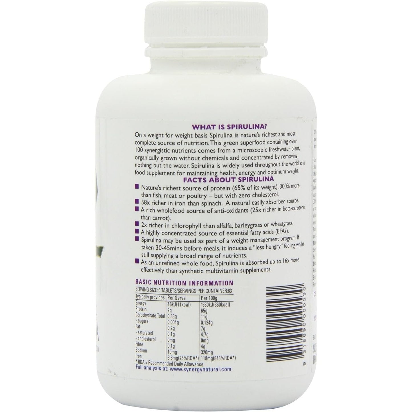 Synergy Natural Organic Spirulina 500mg 500t