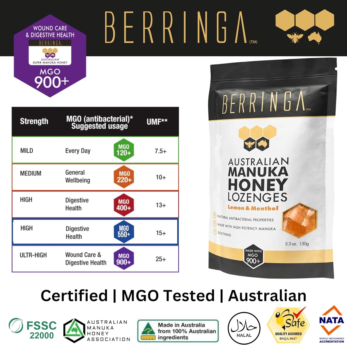 Berringa Australian Manuka Honey Lozenges Lemon & Menthol (Made With MGO 900+) X 30 Pack (150g)
