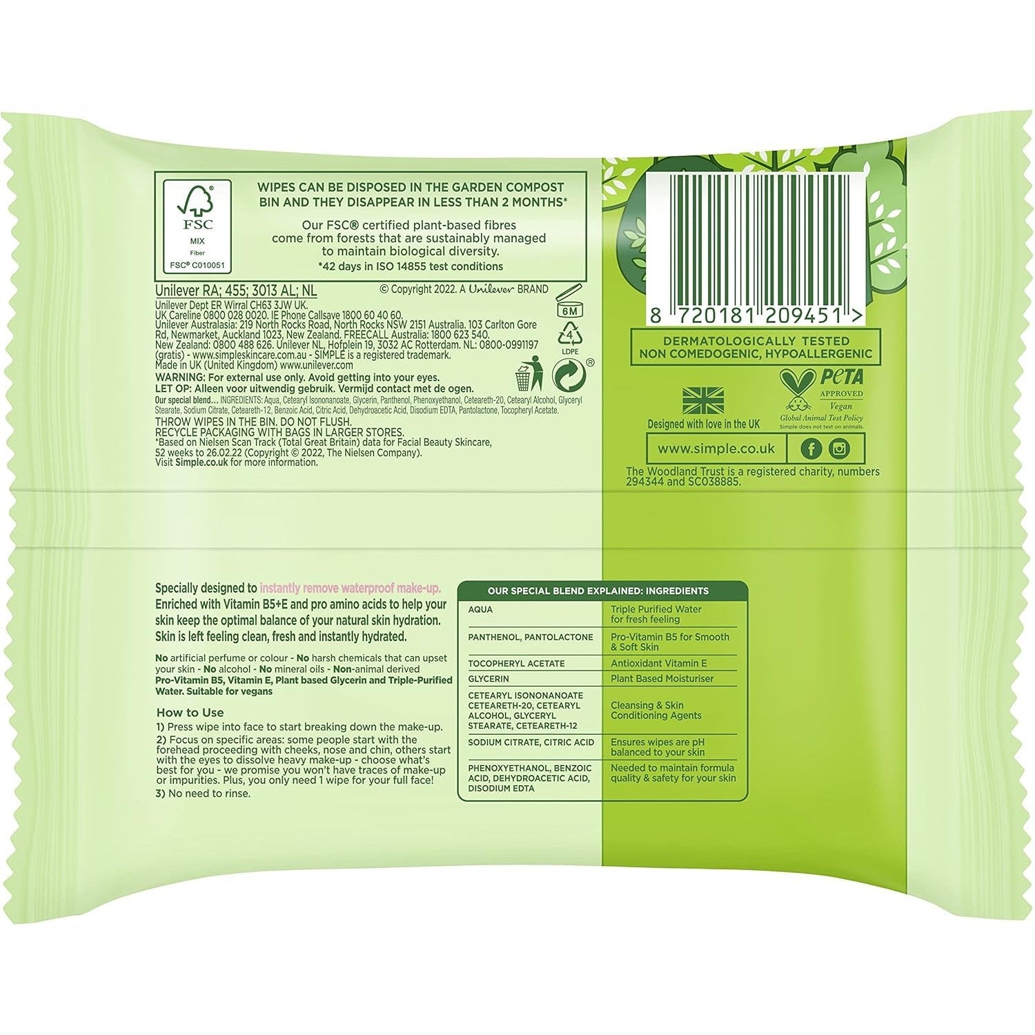 Simple Biodegradable Facial Wipes 2 X 25 Wipes