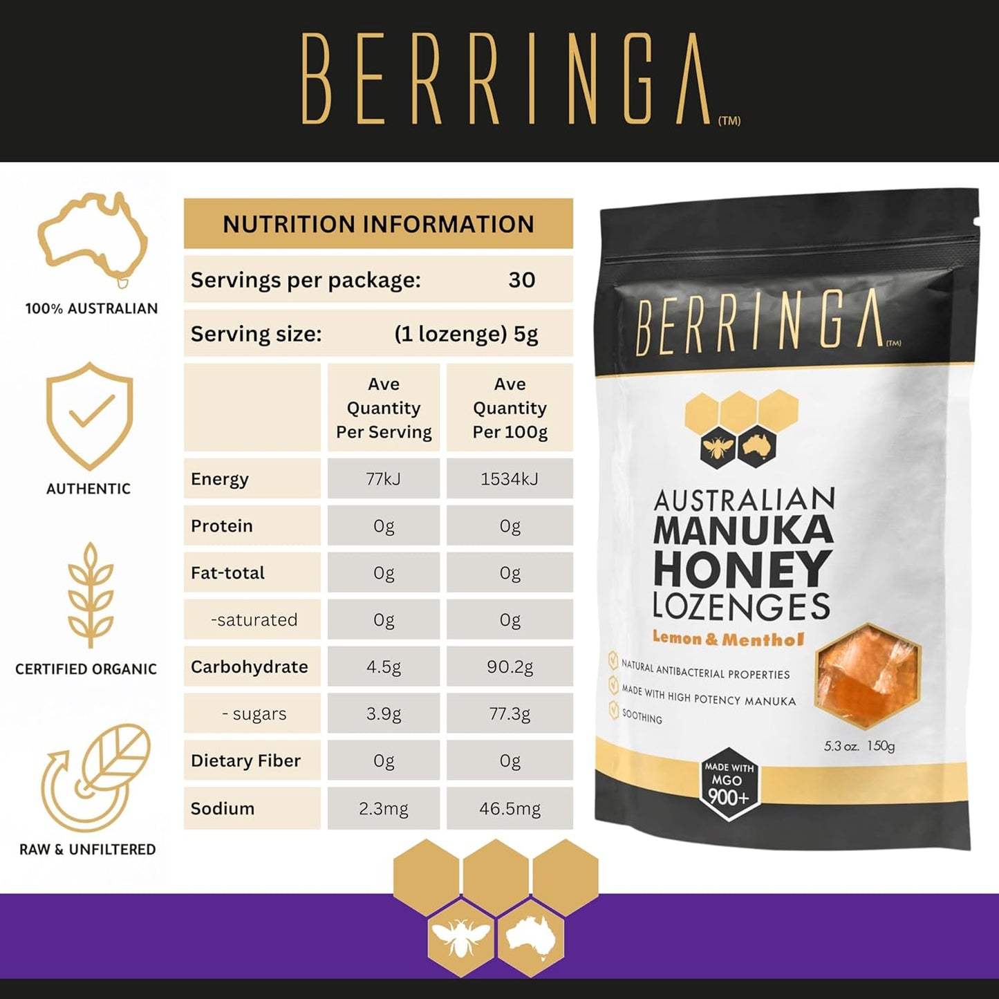 Berringa Australian Manuka Honey Lozenges Lemon & Menthol (Made With MGO 900+) X 30 Pack (150g)