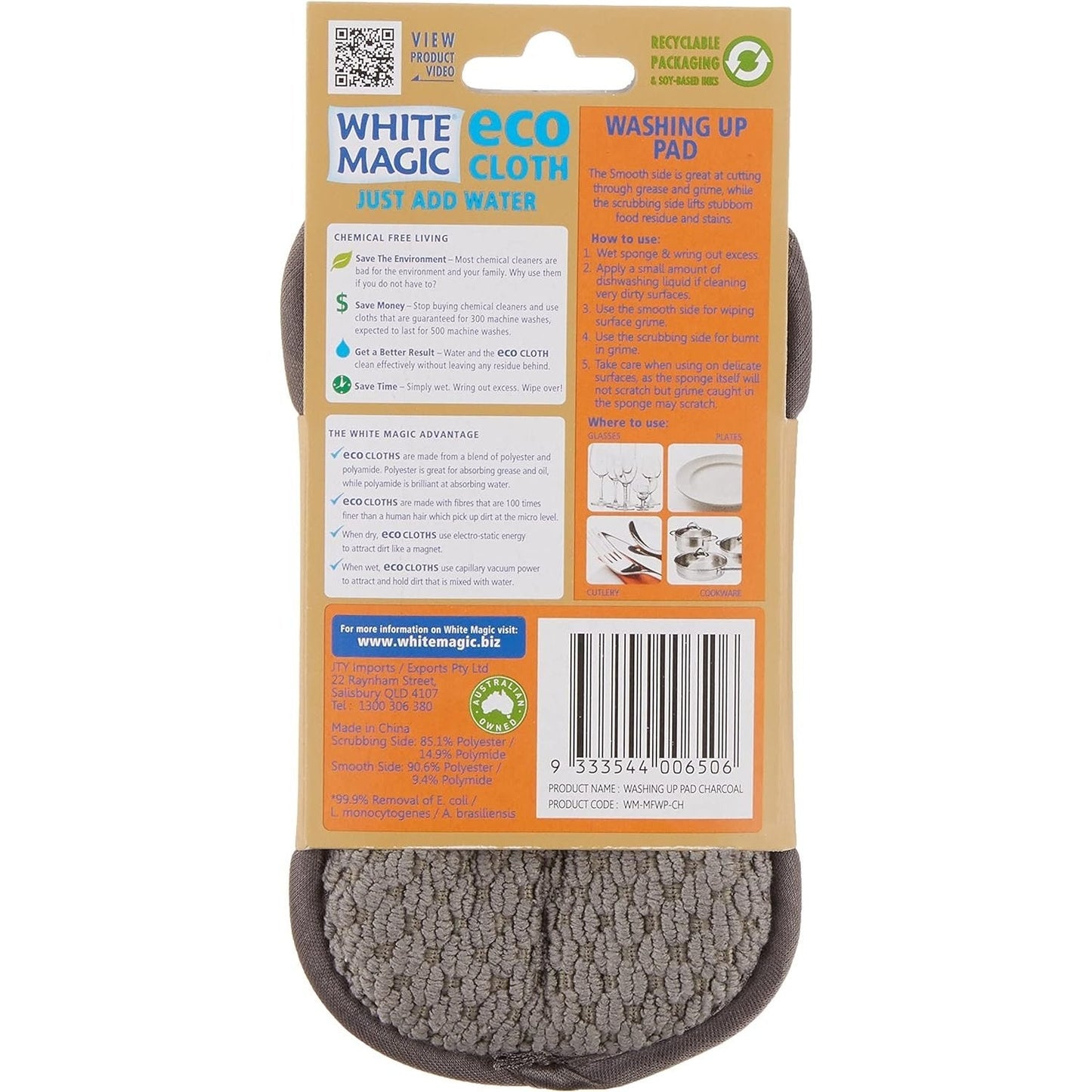 White Magic Washing Up Pad Charcoal 1Pk(Pack of 7)