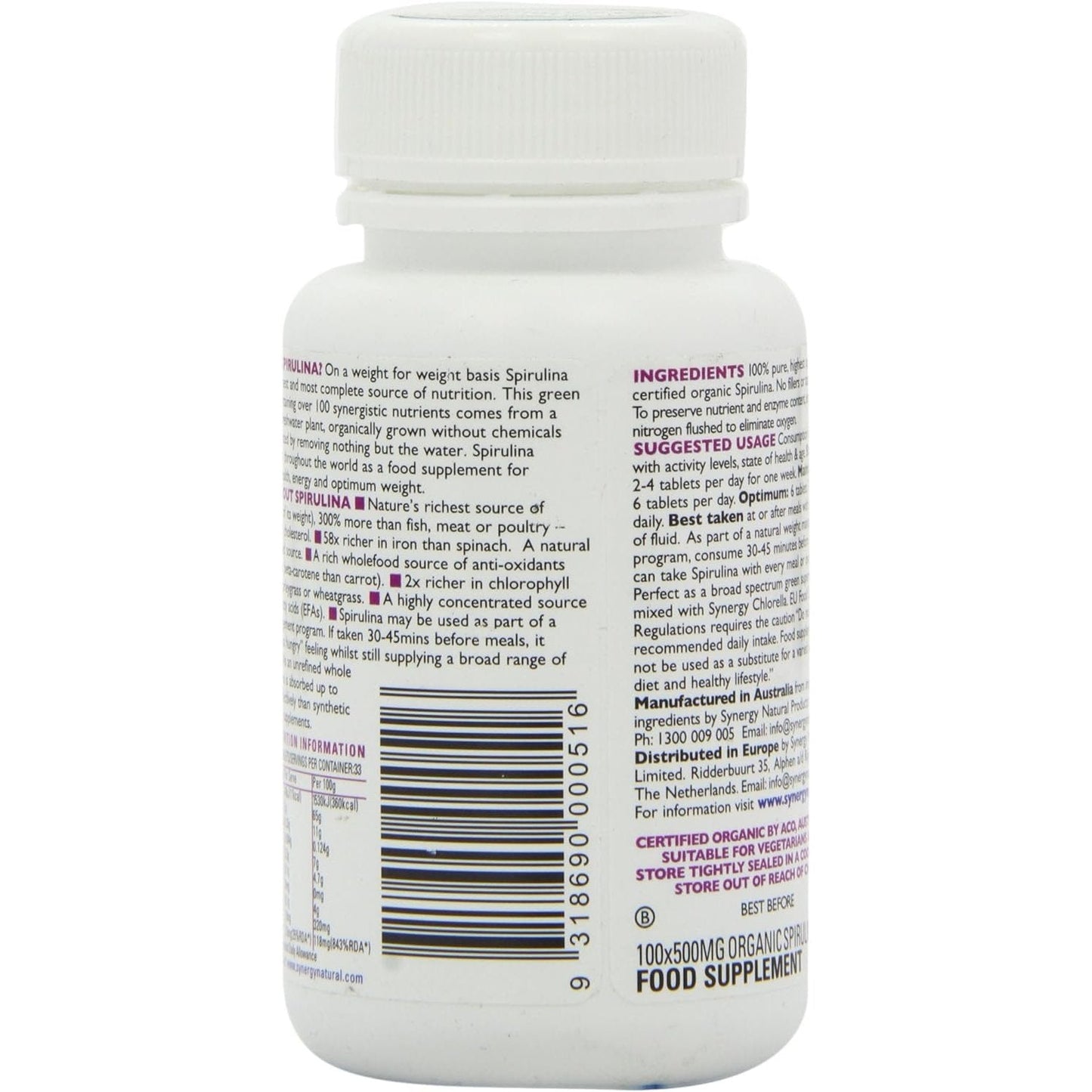 Synergy Natural Organic Spirulina 500mg 100t