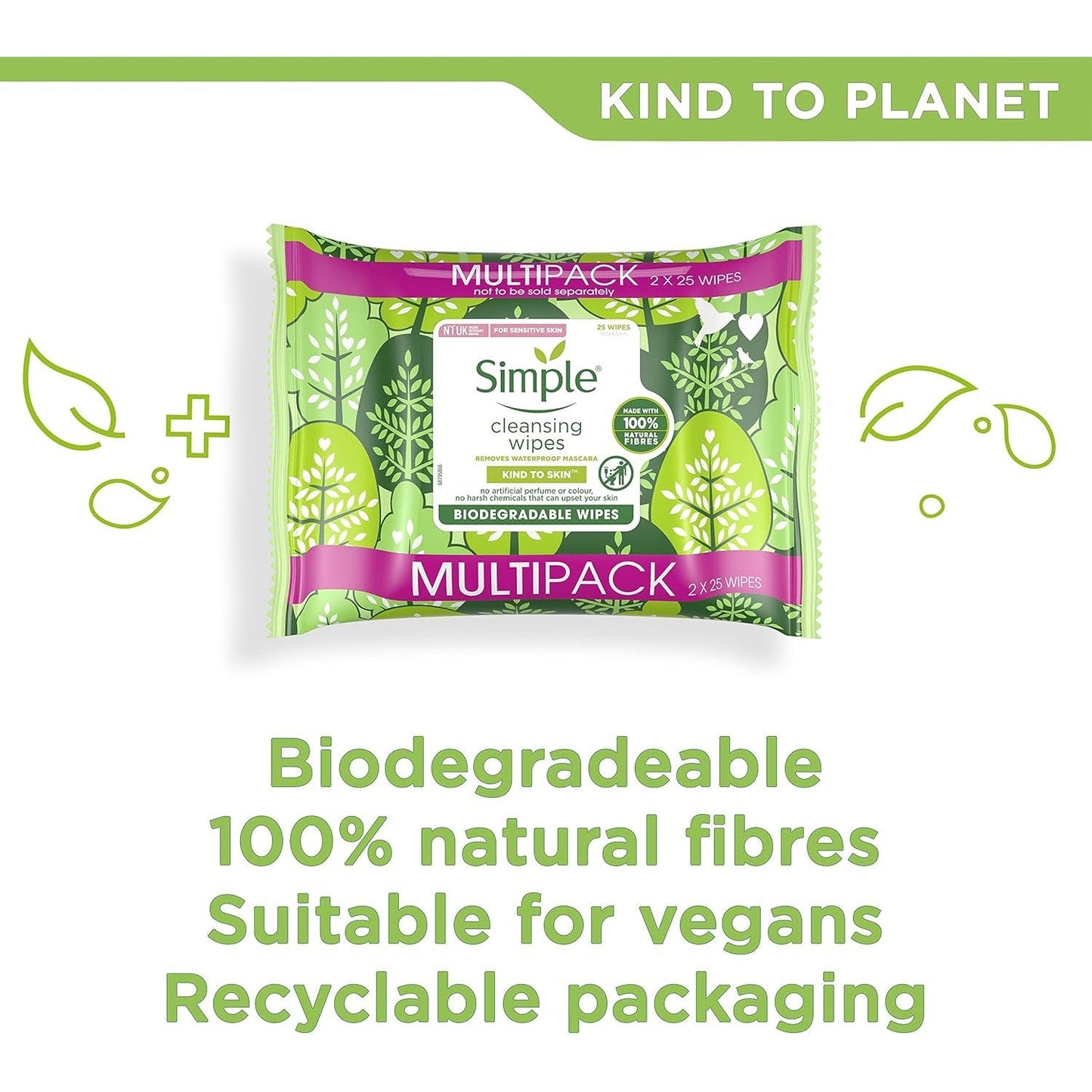 Simple Biodegradable Facial Wipes 2 X 25 Wipes