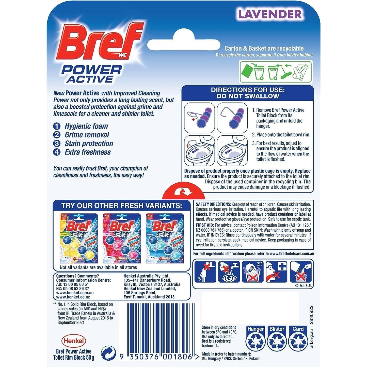 Bref Power Active Lavender Field, Rim Block Toilet Cleaner, 50g