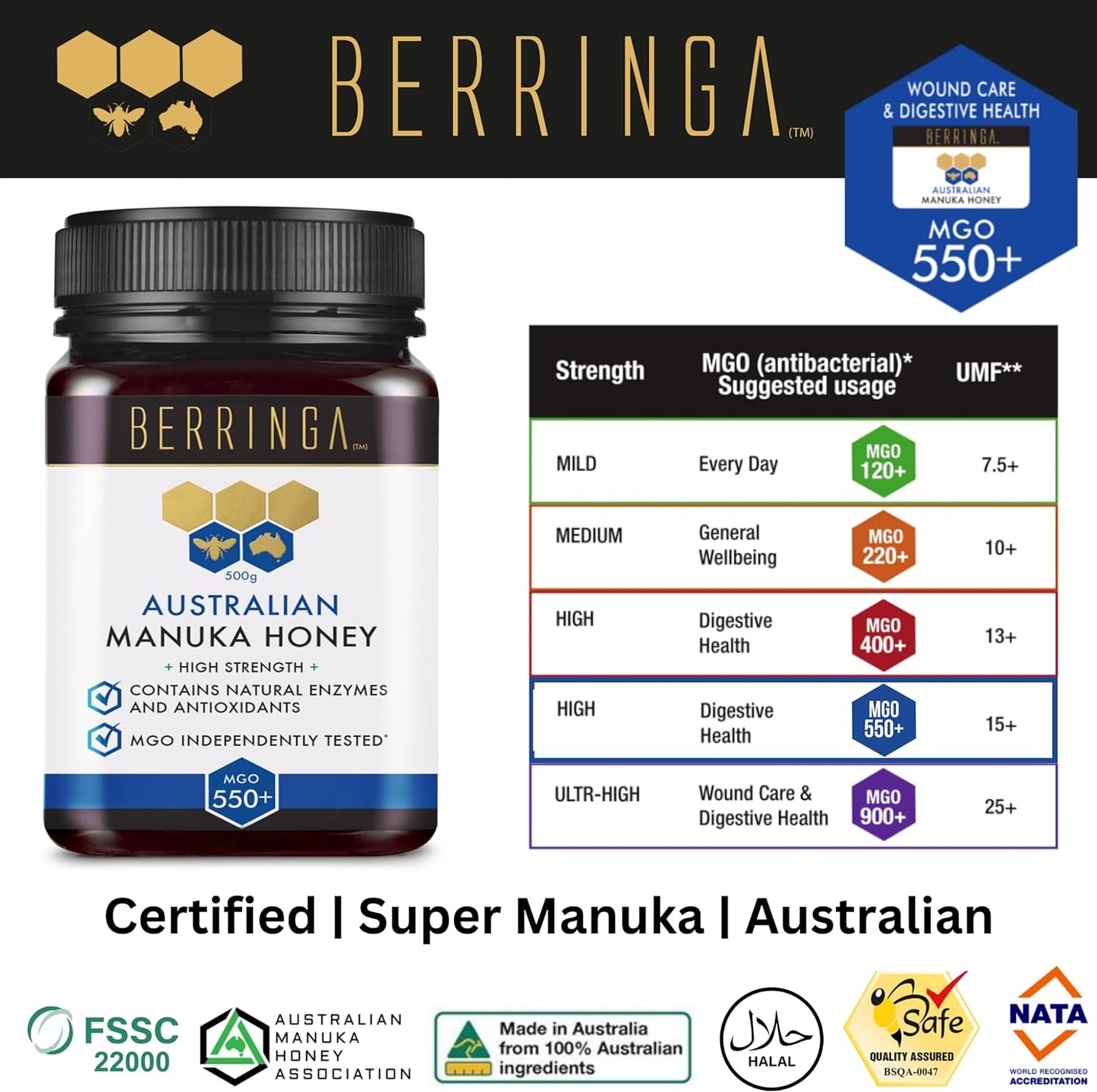 Berringa Australian Manuka Honey High Strength (MGO 550+) 500g