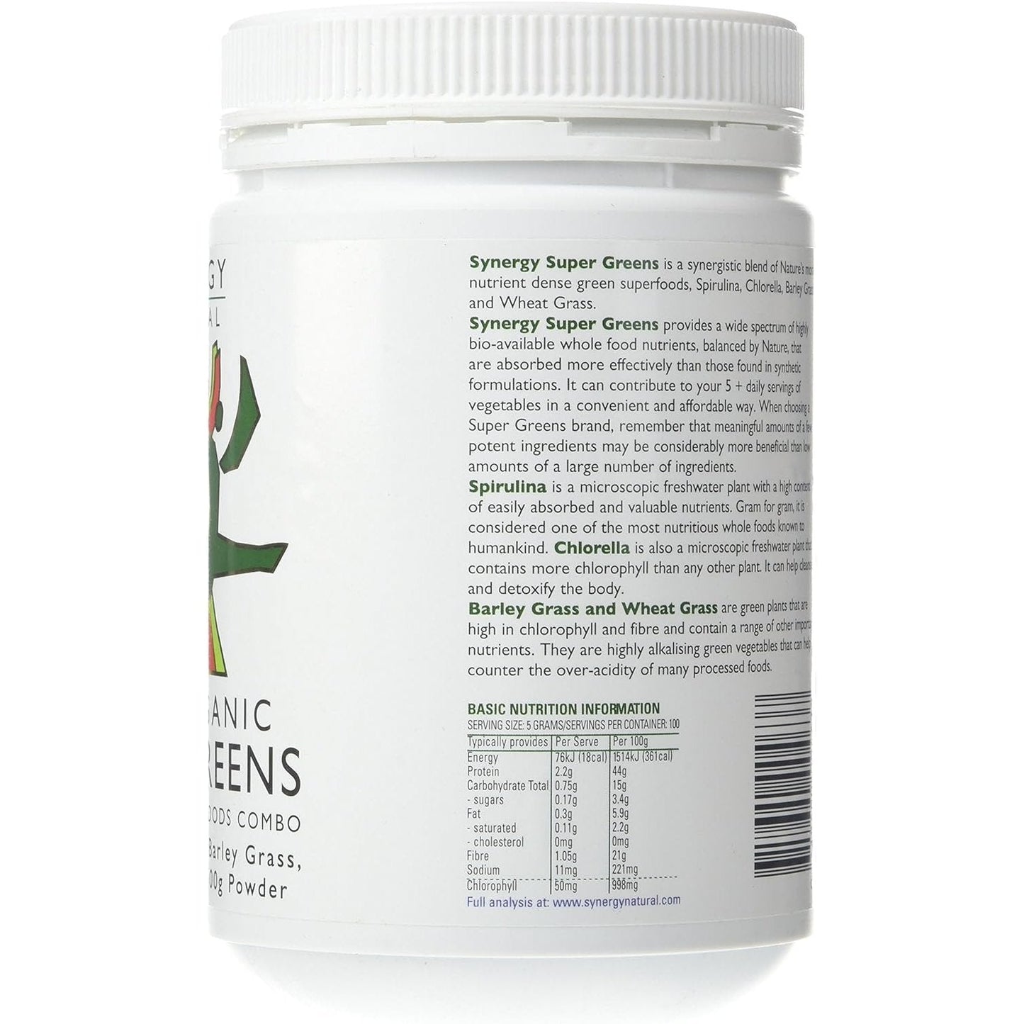 Synergy Natural Organic Super Greens (Spirulina, Chlorella, Barley Grass & Wheat Grass) Powder 500g