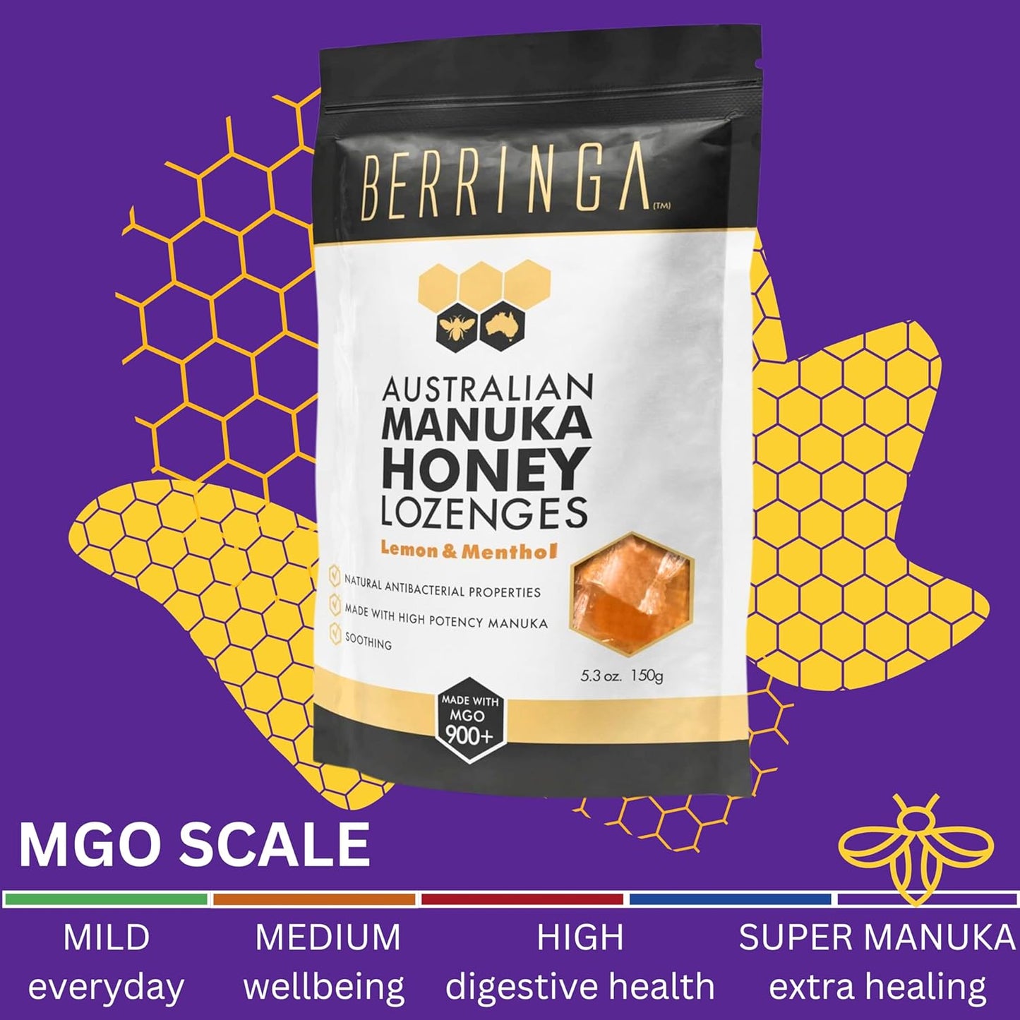 Berringa Australian Manuka Honey Lozenges Lemon & Menthol (Made With MGO 900+) X 30 Pack (150g)