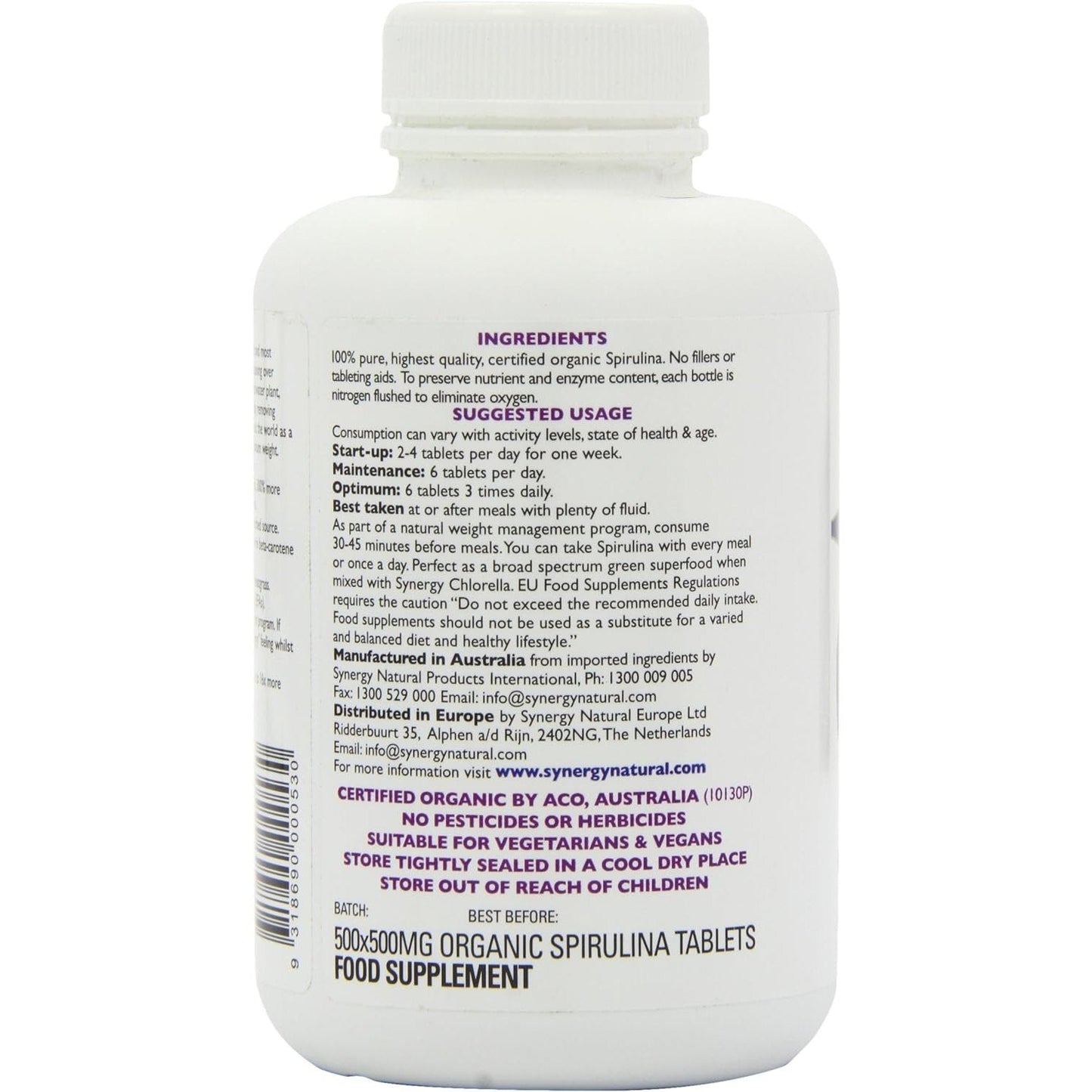 Synergy Natural Organic Spirulina 500mg 500t
