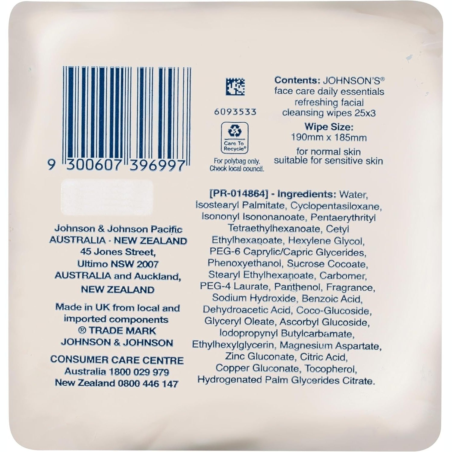 Johnson's Face Care Daily Essentials Refreshing Facial Cleansing Wipes for Normal Skin 3x25 Wipes