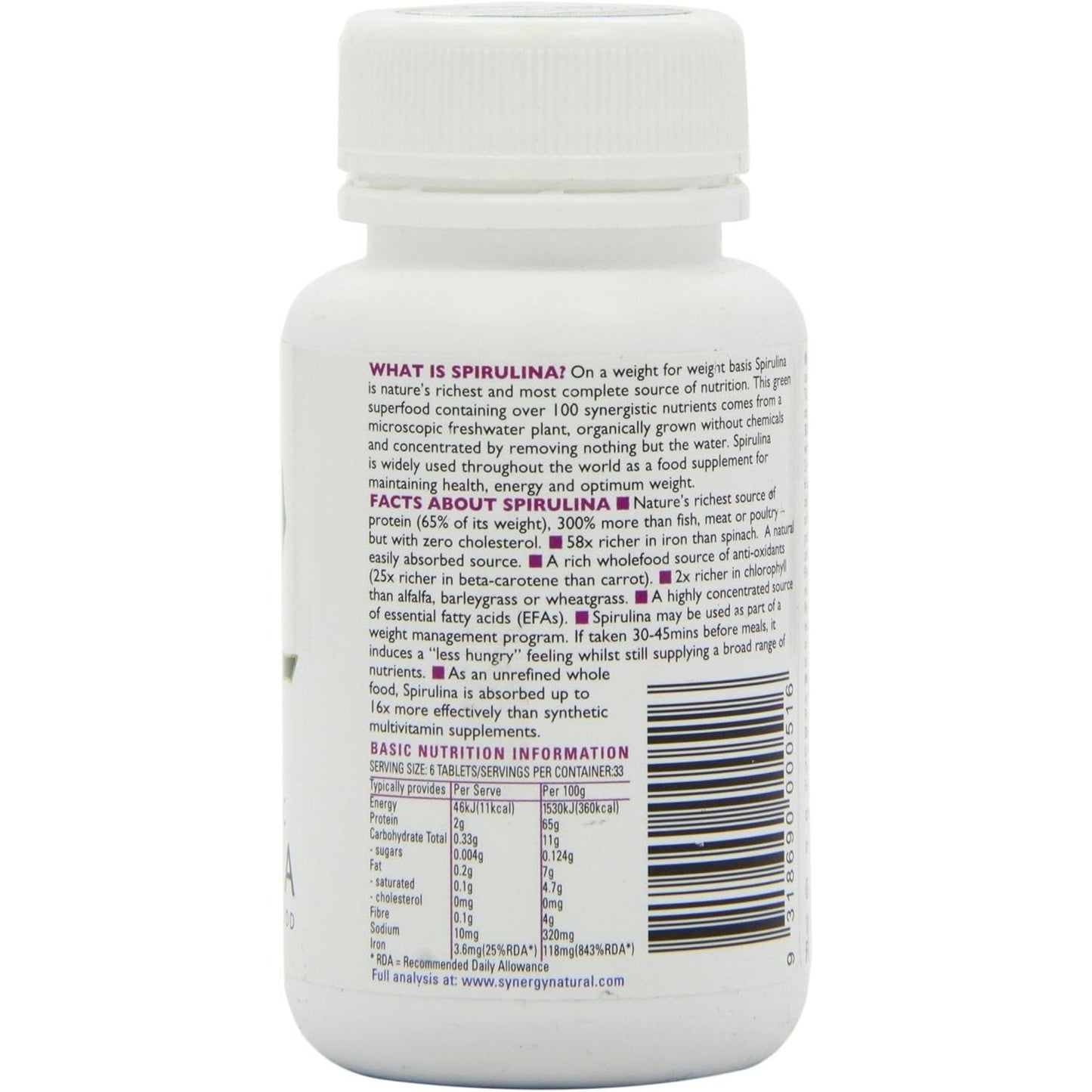 Synergy Natural Organic Spirulina 500mg 100t