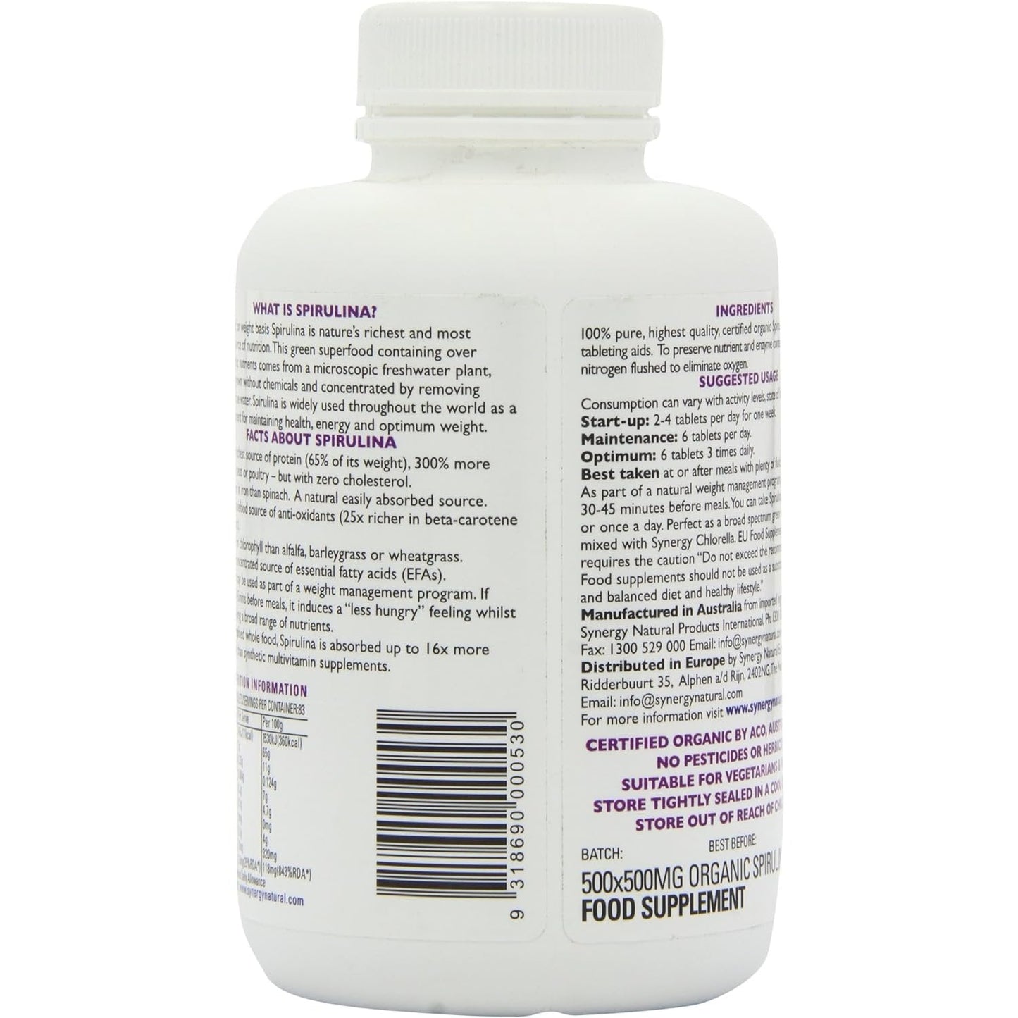 Synergy Natural Organic Spirulina 500mg 500t