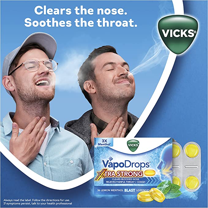 Vicks VapoDrops Xtra Strong Lemon Menthol Blast 36 Lozenges