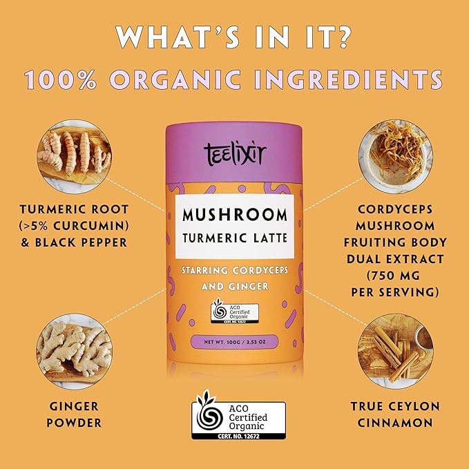 Teelixir Organic Mushroom Turmeric Latte (Starring Cordyceps and Ginger) 100g