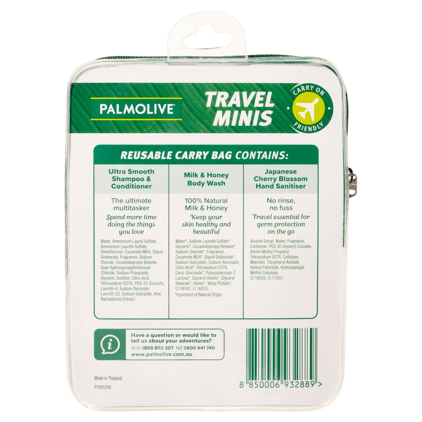 Palmolive Travel Minis Hand Sanitiser, Shampoo & Conditioner, Body Wash Set