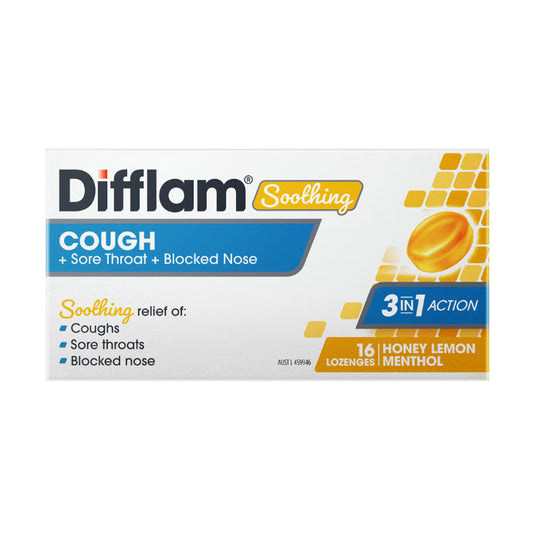 Difflam Soothing Cough + Sore Throat + Blocked Nose Honey Lemon Menthol 16 Lozenges