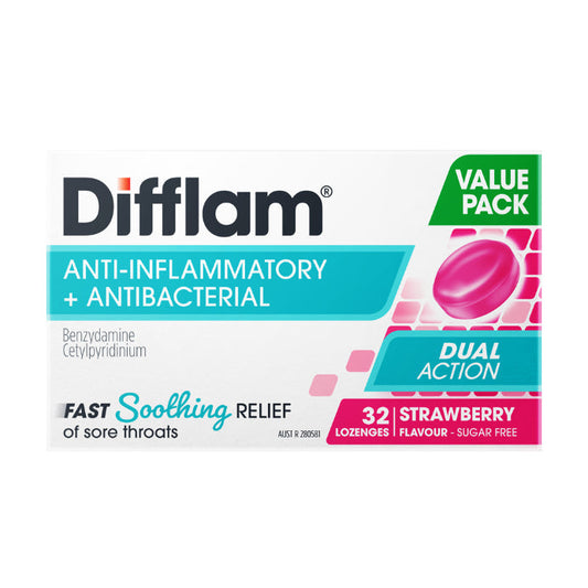 Difflam Anti-inflammatory + Antibacterial Value Pack Strawberry Flavour 32 Lozenges