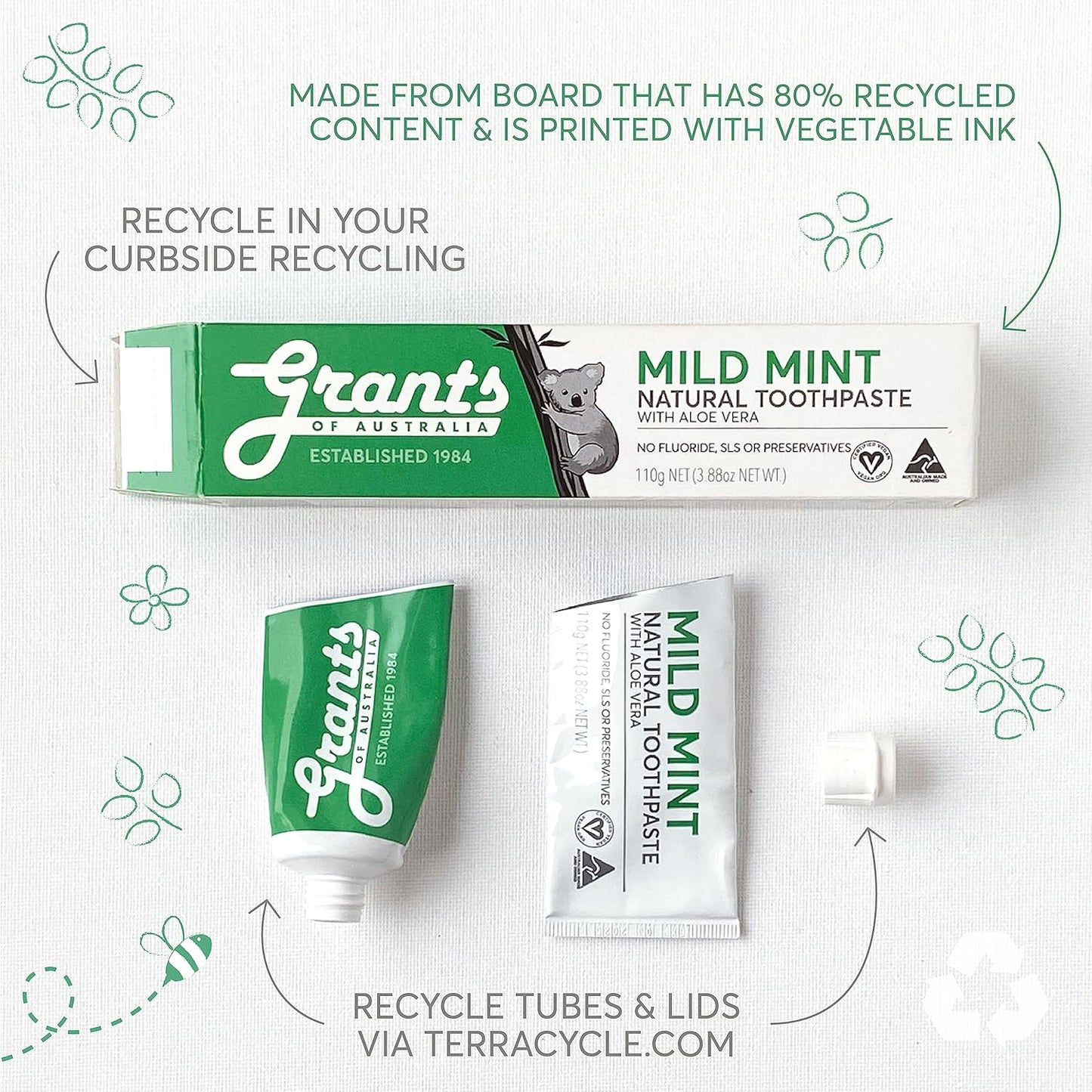 Grants Of Australia Natural Toothpaste Whitening with Baking Soda & Spearmint 110g