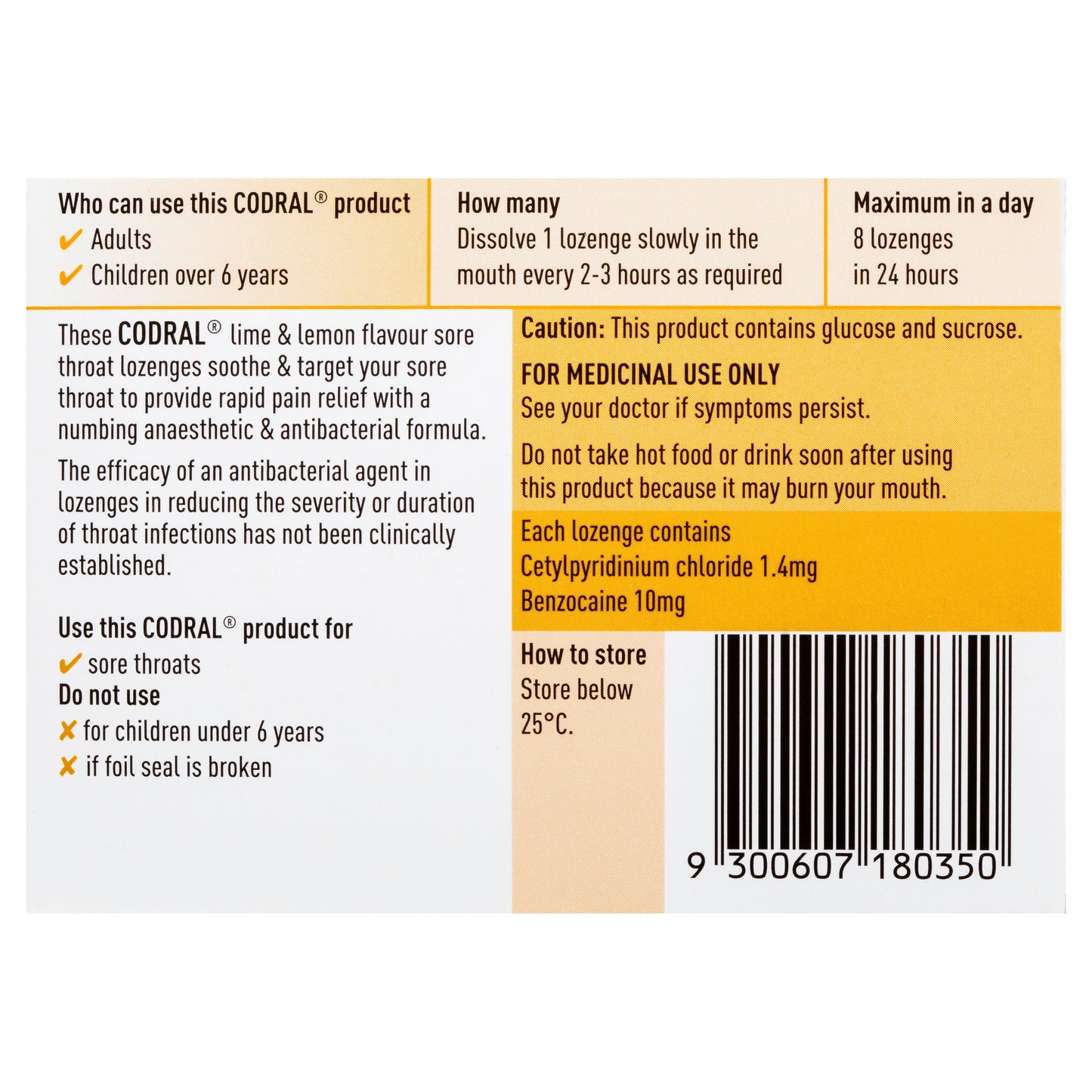 Codral Sore Throat Lozenges Antibacterial + Anaesthetic Lime & Lemon 36 Pack