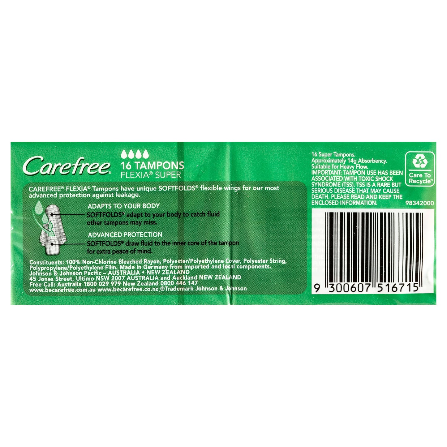 Carefree Tampons Flexia Super With Wings 16 Pack