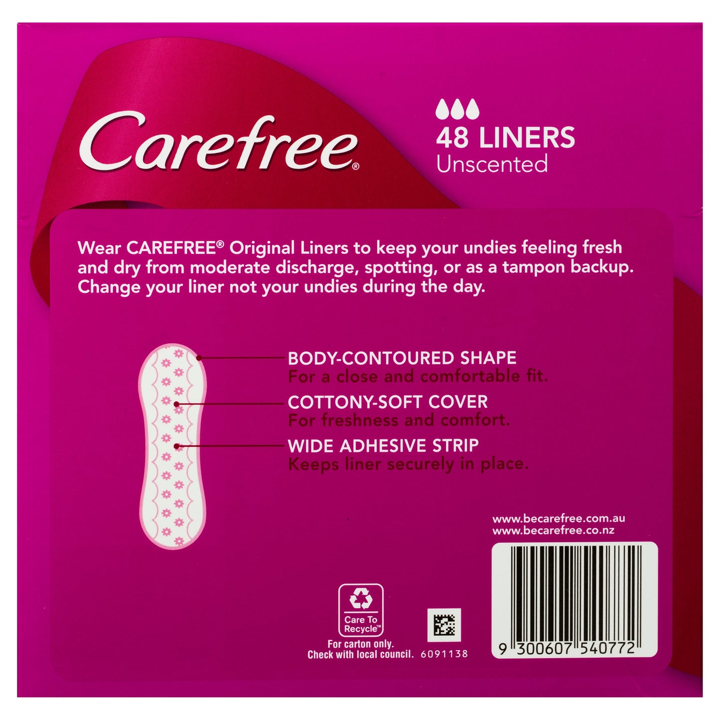 Carefree Original Unscented Panty Liners 48 Pack